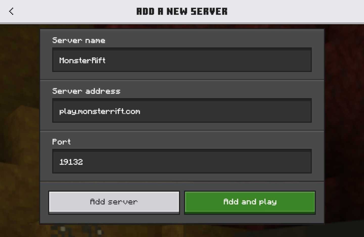 The MonsterRift server details filled in: address play.monsterrift.com and port 19132