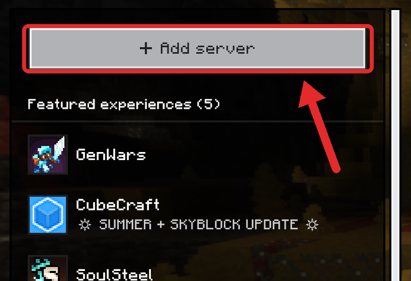 The Servers tab in Minecraft Bedrock with the Add Server button highlighted